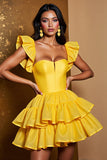 Yellow Tiered A Line Satin Short Prom Dress with Ruffles