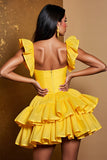 Yellow Tiered A Line Satin Short Prom Dress with Ruffles