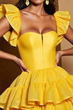 Yellow Tiered A Line Satin Short Prom Dress with Ruffles