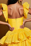 Yellow Tiered A Line Satin Short Prom Dress with Ruffles