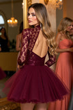 Burgundy Tulle Corset High Illusion Neck Short Party Dress with Lace