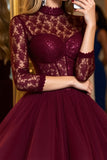 Burgundy Tulle Corset High Illusion Neck Short Party Dress with Lace