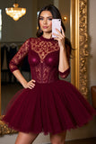 Burgundy Corset Illusion Neck Tulle Short Prom Dress with Lace