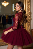 Burgundy Corset Illusion Neck Tulle Short Prom Dress with Lace