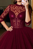Burgundy Corset Illusion Neck Tulle Short Prom Dress with Lace