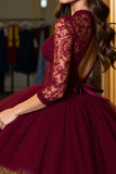 Burgundy Corset Illusion Neck Tulle Short Prom Dress with Lace