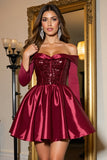 Sparkly Burgundy Satin Corset Beaded A Line Short Prom Dress