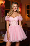 Pink Tulle A Line Corset Cold Shoulder Short Prom Dress