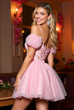 Pink Tulle A Line Corset Cold Shoulder Short Prom Dress