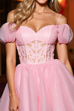 Pink Tulle A Line Corset Cold Shoulder Short Prom Dress