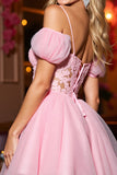 Pink Tulle A Line Corset Cold Shoulder Short Prom Dress