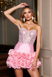 Sparkly Pink Satin Bodycon Beaded Short Prom Dress with 3D Flowers