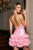 Sparkly Pink Satin Bodycon Beaded Short Prom Dress with 3D Flowers