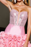 Sparkly Pink Satin Bodycon Beaded Short Prom Dress with 3D Flowers