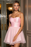 Pink A Line Tulle Spaghetti Straps Short Prom Dress