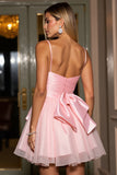 Pink A Line Tulle Spaghetti Straps Short Prom Dress