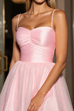 Pink A Line Tulle Spaghetti Straps Short Prom Dress