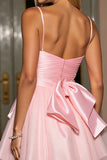 Pink A Line Tulle Spaghetti Straps Short Prom Dress