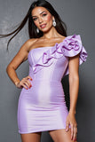 Lilac Corset Satin Bodycon One Shoulder Short Prom Dress with Ruffles