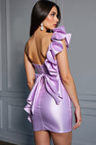 Lilac Corset Satin Bodycon One Shoulder Short Prom Dress with Ruffles