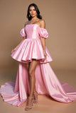 Pink High Low Satin A Line Off the Shoulder Short Prom Dress