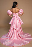 Pink High Low Satin A Line Off the Shoulder Short Prom Dress
