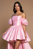 Pink High Low Satin A Line Off the Shoulder Short Prom Dress