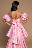 Pink High Low Satin A Line Off the Shoulder Short Prom Dress