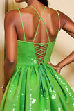 Sparkly Green A Line Sequins Lace Up Back Short Prom Dress