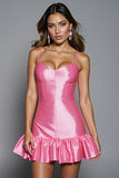 Hot Pink Satin Bodycon Ruffled Short Prom Dress