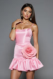 Pink Satin Bodycon Spaghetti Straps Short Prom Dress with 3D Flowers