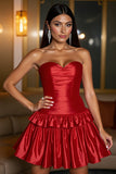 Red A Line Corset Tiered Satin Sweetheart Short Prom Dress