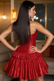 Red A Line Corset Tiered Satin Sweetheart Short Prom Dress