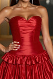 Red A Line Corset Tiered Satin Sweetheart Short Prom Dress