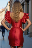 Red Satin Keyhole Bodycon Off the Shoulder Cocktail Dress with Ruffles