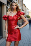 Red Satin Bodycon One Shoulder Short Cocktail Dress
