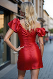 Red Satin Bodycon One Shoulder Short Cocktail Dress