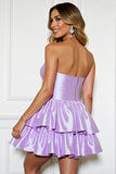 Lilac Strapless Tiered A Line Short Prom Dress with Rhinestone