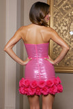 Sparkly Fuchsia Sequins Sweetheart Bodycon Short Prom Dress with 3D Flowers
