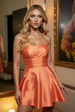 Orange Satin A Line Strapless Short Prom Dress