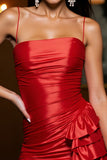 Red Satin Bodycon Spaghetti Straps Cocktail Dress with Ruffles
