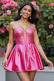 Fuchsia Corset Beaded Strapless Short Prom Dress