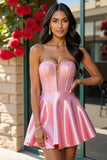 Strapless Beaded A Line Pink Short Prom Dress