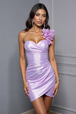 One Shoulder Lilac Satin Tight Cocktail Dress with 3D Flowers