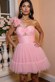One Shoulder Pink A Line Tulle Cocktail Dress with 3D Flowers