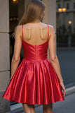 Red Spaghetti Straps Satin A Line Short Prom Dress