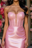 Sparkly Pink Strapless Corset Bodycon Short Prom Dress