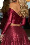 Sparkly Burgundy 2-piece Off The Shoulder A Line Short Prom Dress