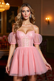 Cold Shoulder Pink A Line Short Prom Dress