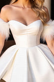 Off The Shoulder White A Line Cocktail Dress with Feathers